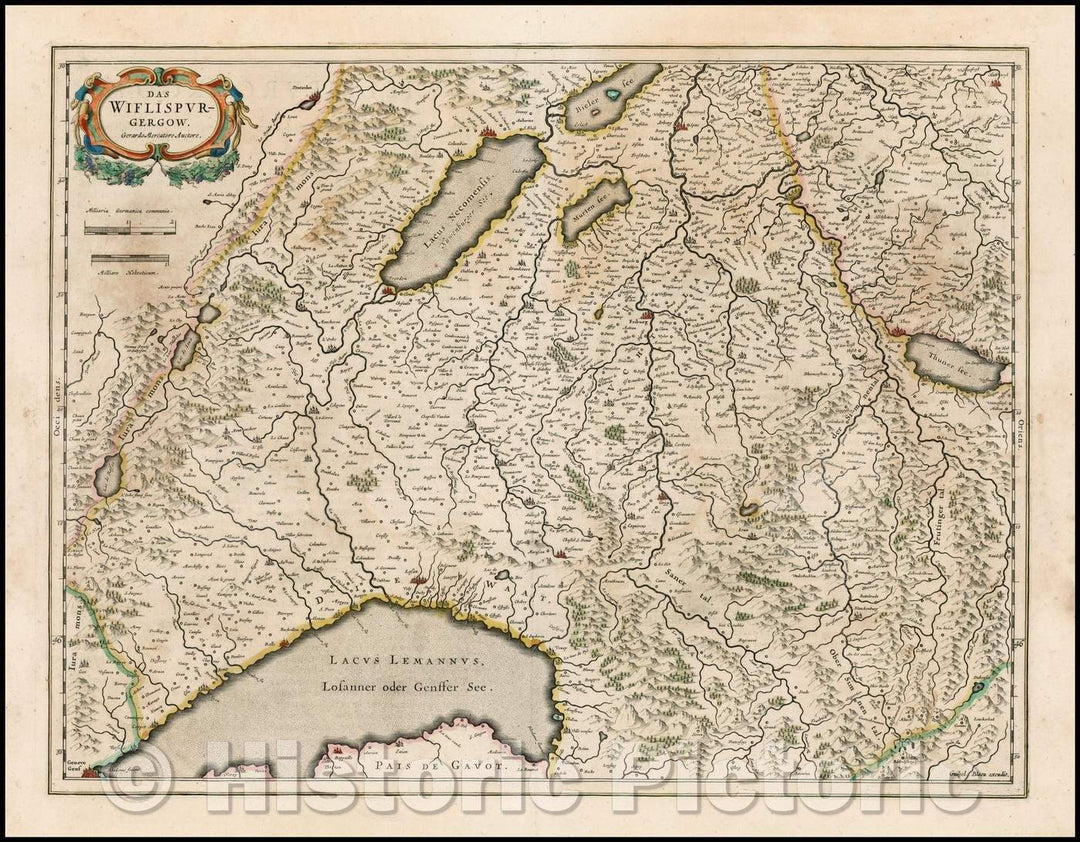 Historic Map - Das Wiflispurgergow Gerardo Mercatore Auctore :: Southwestern Switzerland, Geneva, Lake Geneva, Lake Neuchatel, Lake Biel, Bern, Freiburg, 1640 - Vintage Wall Art