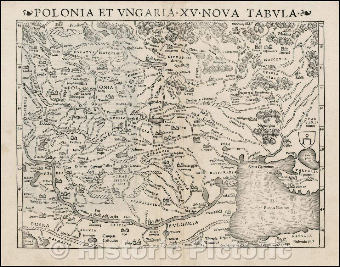 Historic Map - Poloniae Et Ungariae XV Nova Descriptio/Munster's Map of Poland, Lithuania, the Ukraine, Moscovy and the Balkans, 1550, Sebastian M?nster - Vintage Wall Art