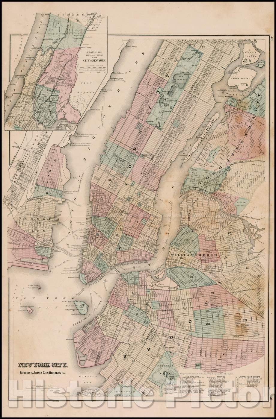 Historic Map - New York City, Brooklyn, Jersey City, Hoboken, Etc, 1875, O.W. Gray - Vintage Wall Art