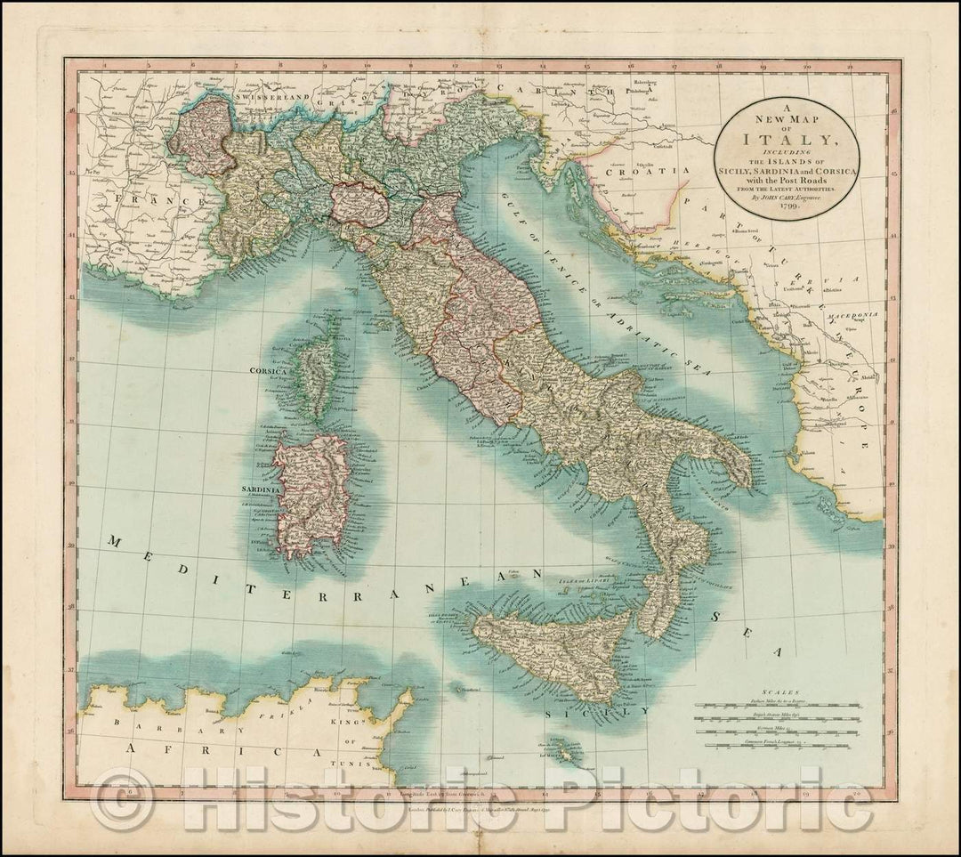 Historic Map - Italy, Including The Islands of Sicily, Sardinia and Corsica, with the Post Roads, 1799, John Cary - Vintage Wall Art