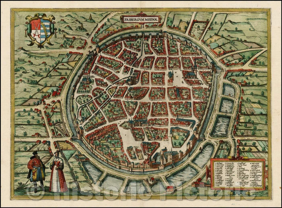 Historic Map - Fribergum Misinae/View of Freiberg, city walls and surrounding countryside, 1580, Georg Braun - Vintage Wall Art