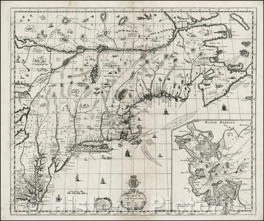 Historic Map - A New Mapp of New England and Annapolis with the Country's adjacent, 1712, Christopher Browne - Vintage Wall Art