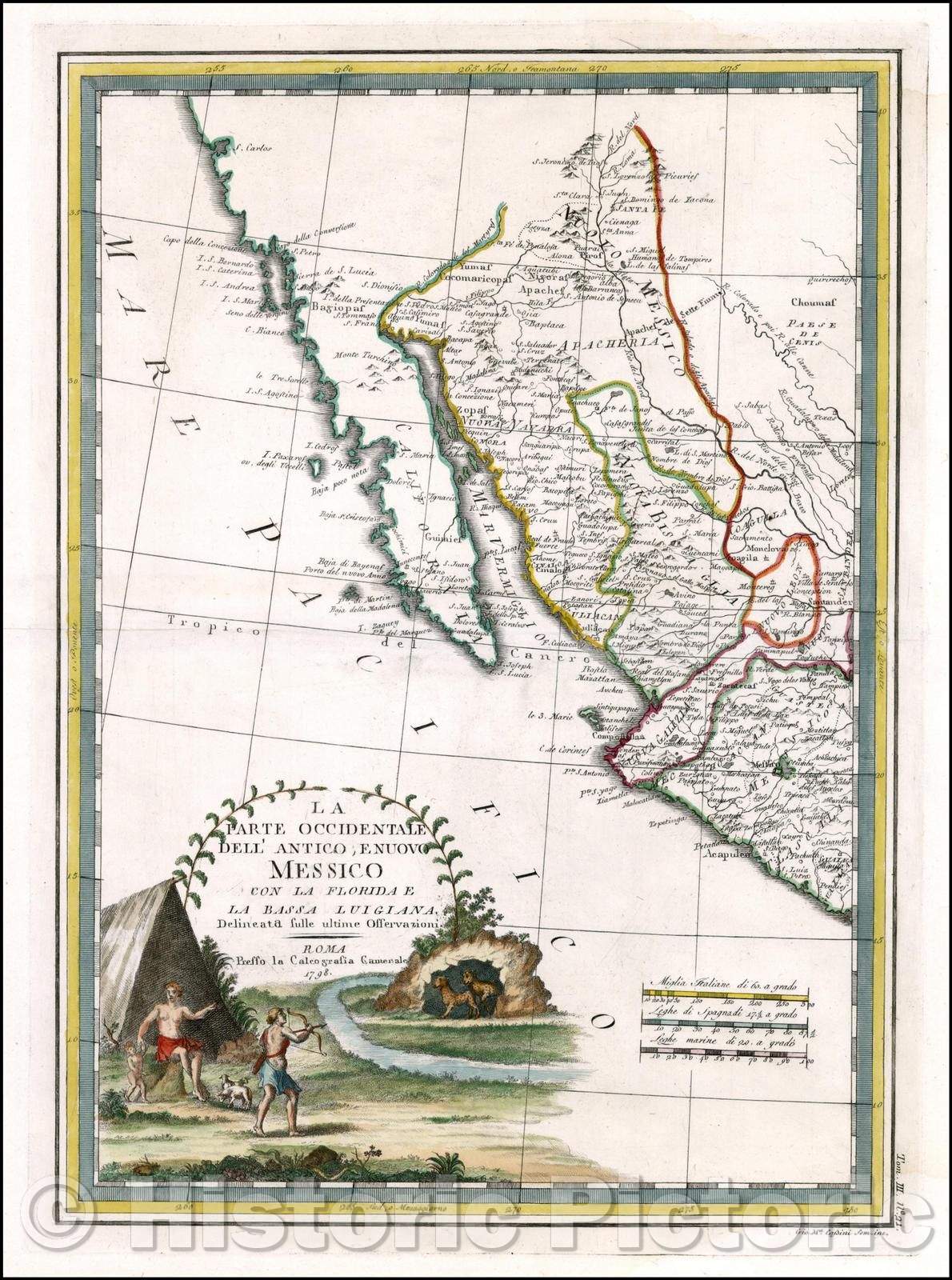 Historic Map - La Parte Occidentale Dell'Antico/Cassini's Map of California, Arizona, New Mexico, part of Texas, Baja California and Mexico, 1798 - Vintage Wall Art