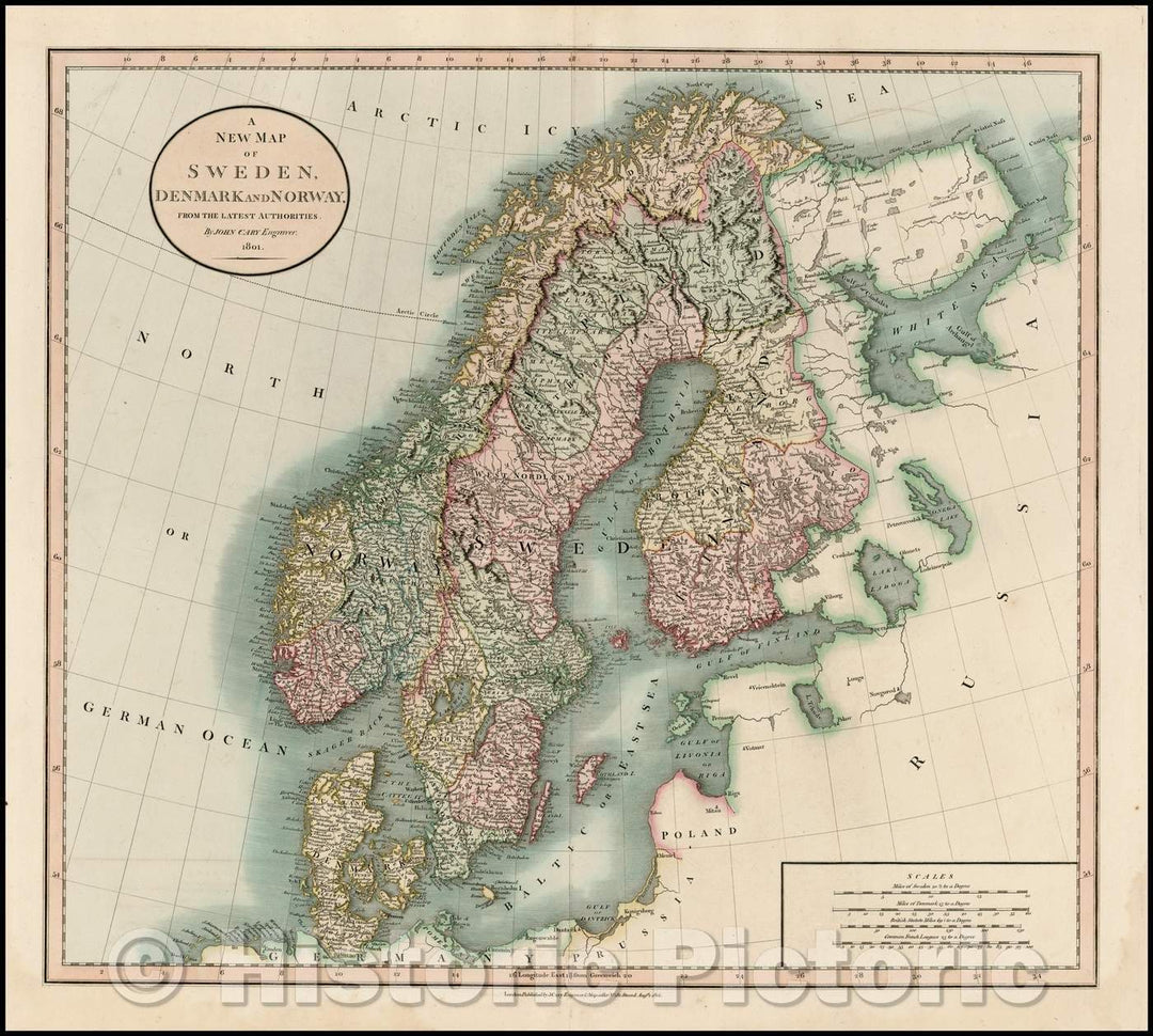 Historic Map - Sweden, Denmark and Norway, from the Latest Authorities, 1801, John Cary - Vintage Wall Art