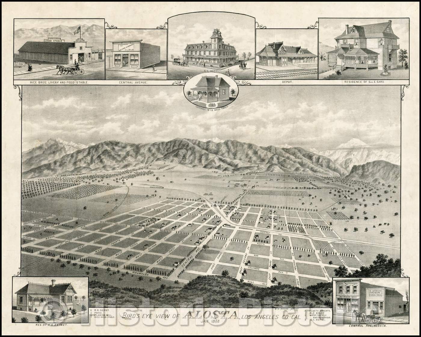 Historic Map - Bird's Eye View of Alosta, Los Angeles Co. Cal. Jan, 1888, E.S. Moore - Vintage Wall Art