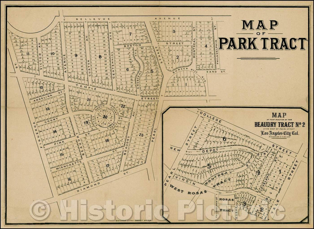 Historic Map - Map of Park Tract [and] Map of That Portion of the Beaudry Tract No. 2 Lying East of Pearl Street Los Angeles City Cal. Surveyd, 1884 - Vintage Wall Art