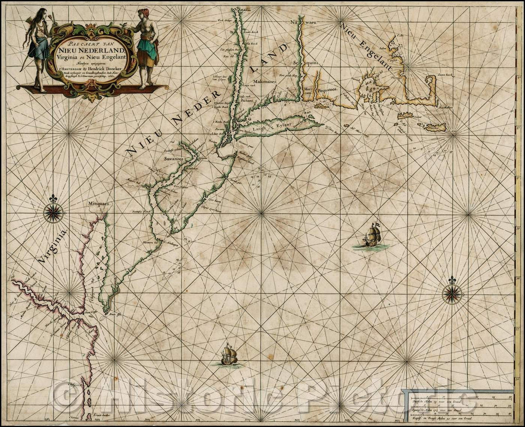 Historic Map - Pascaert van Nieu Nederland, Virginia :: Pascaert Newport Netherlands, Virginia and Newport Engelant Nieulycx uytgegeven, 1660 - Vintage Wall Art