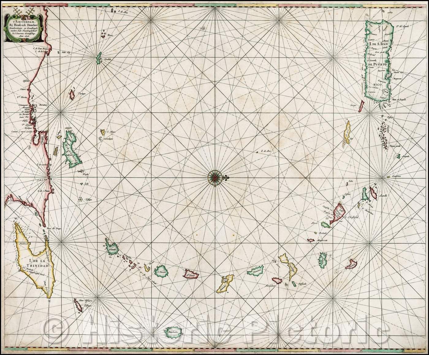 Historic Map - 1658 Chart of the Antilles, Puerto Rico to Trinidad and Venezuelan Coastline, 1658, Henrdick Doncker - Vintage Wall Art