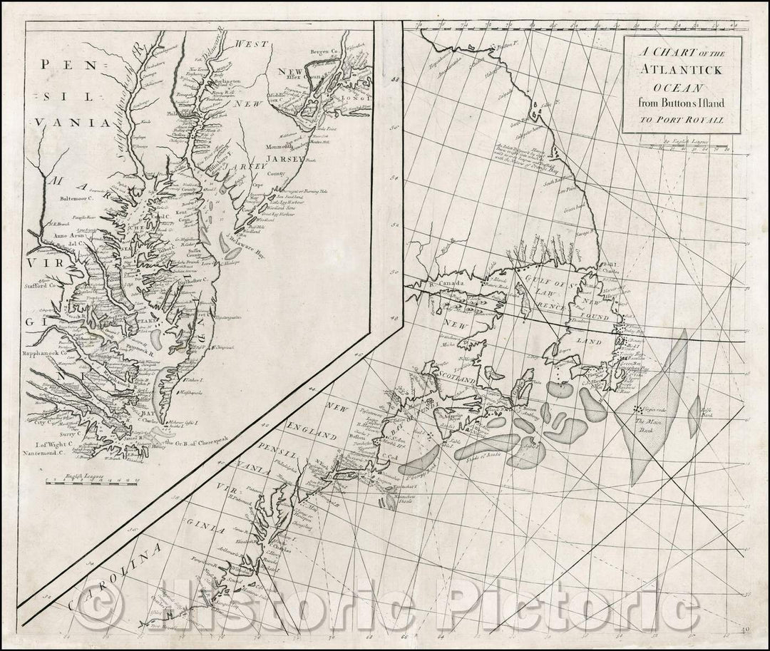 Historic Map - A Chart of the Atlantick Ocean from Buttons Island To Port Royall, Chesapeake Bay, Delaware Bay, New York City and Vicinity, 1728 - Vintage Wall Art