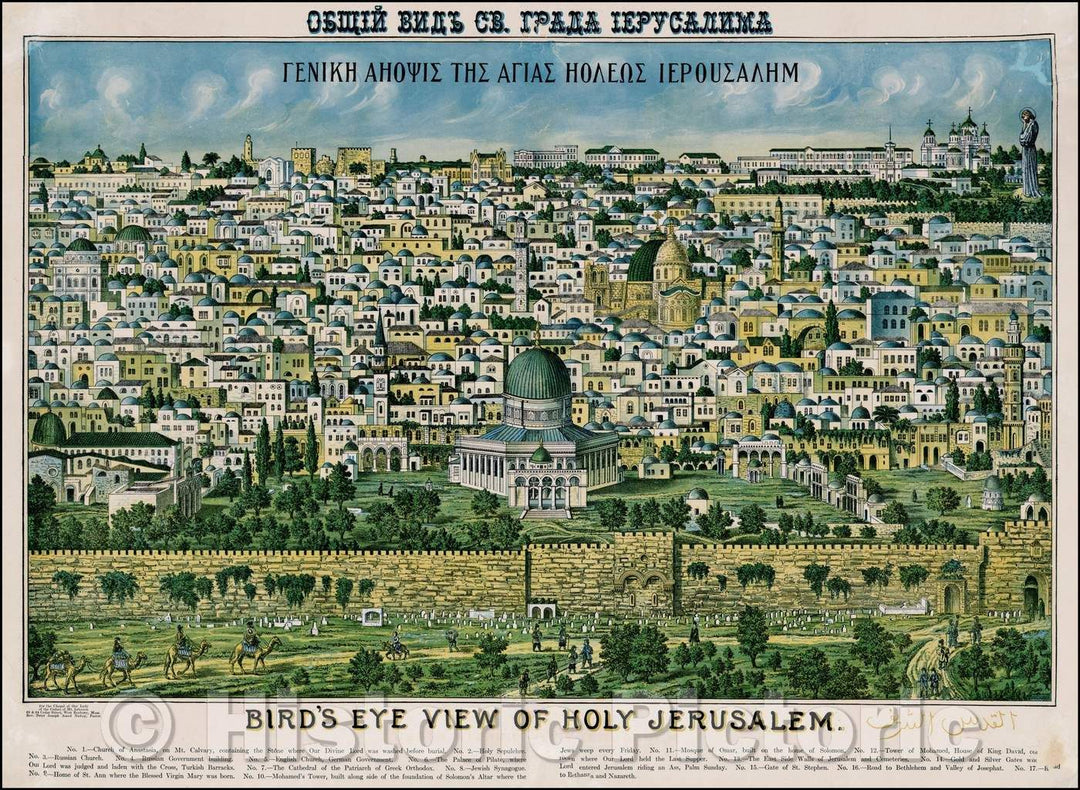 Historic Map - Bird's Eye View of Holy Jerusalem (Title in English, Greek, Russian & Arabic), 1900, Anonymous v1