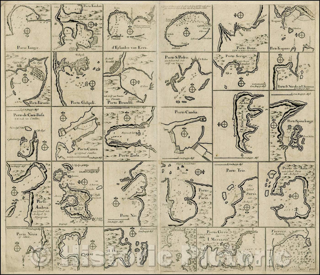 Historic Map - Chart Showing 30 Mediterranean Harbors, Bays, Islands, etc, 1730, Johannes Van Keulen - Vintage Wall Art