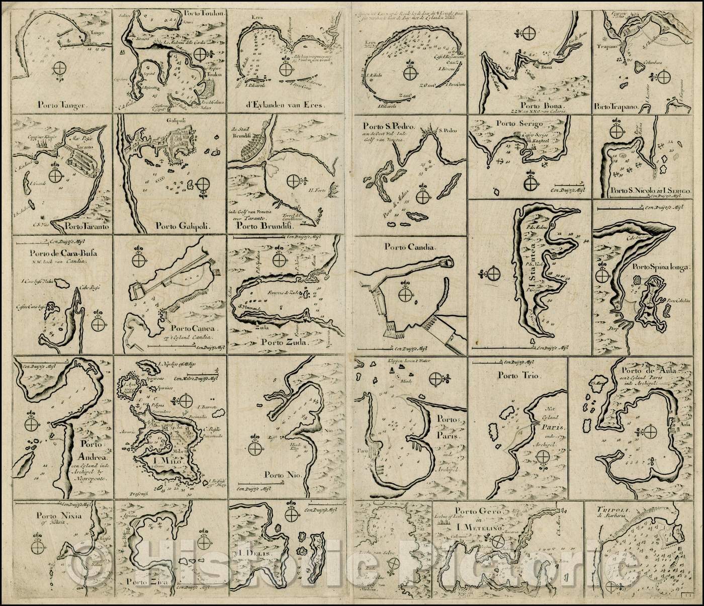 Historic Map - Chart Showing 30 Mediterranean Harbors, Bays, Islands, etc, 1730, Johannes Van Keulen - Vintage Wall Art