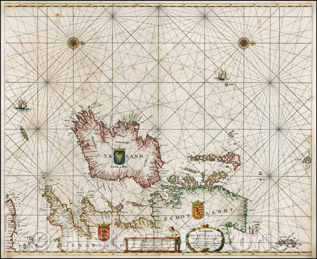 Historic Map - Paskaarte om Achter Yrlant om te Zeylen, von Hitlant tot aen Heyssant/Doncker's Chart of the coasts of Ireland and Scotland, 1658 - Vintage Wall Art