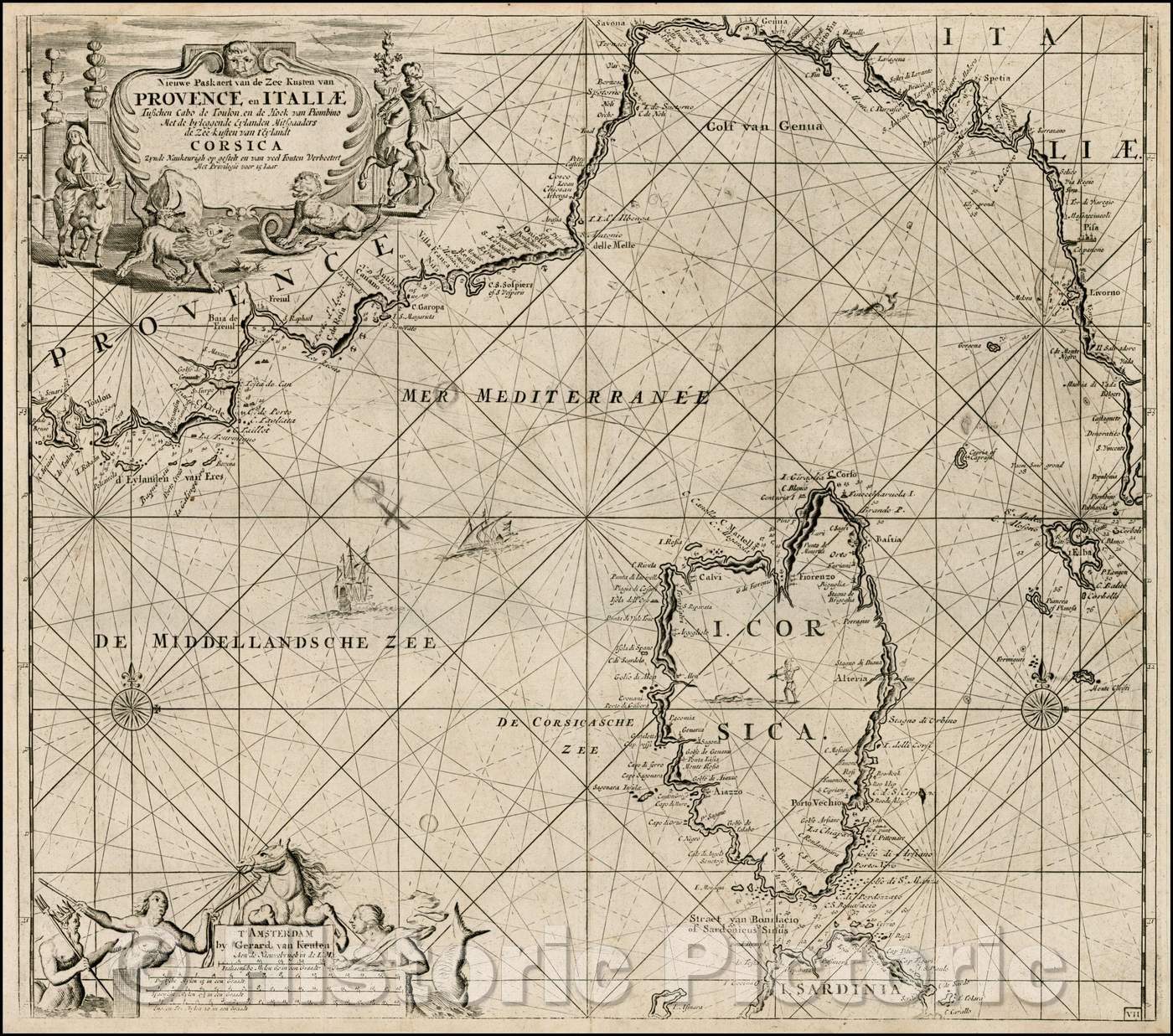 Historic Map - Niewe Paskaert van de Zee Kusten van Provence en Italiae Tusschen :: Dutch Sea-Chart, Corsica, Elba, Mediterranean, Toulon to Piombino, 1720 - Vintage Wall Art