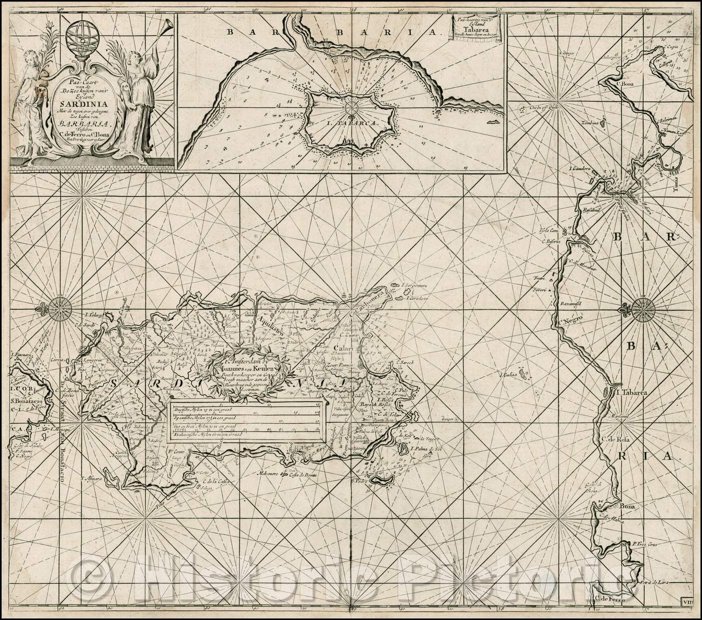 Historic Map - Pas-Caart van de De Zee kusten van't Eyland Sardinia Mer de :: Dutch Sea-Chart, Sardinia and the Barbary Coast, with an inset of Tabaraca, 1710 - Vintage Wall Art