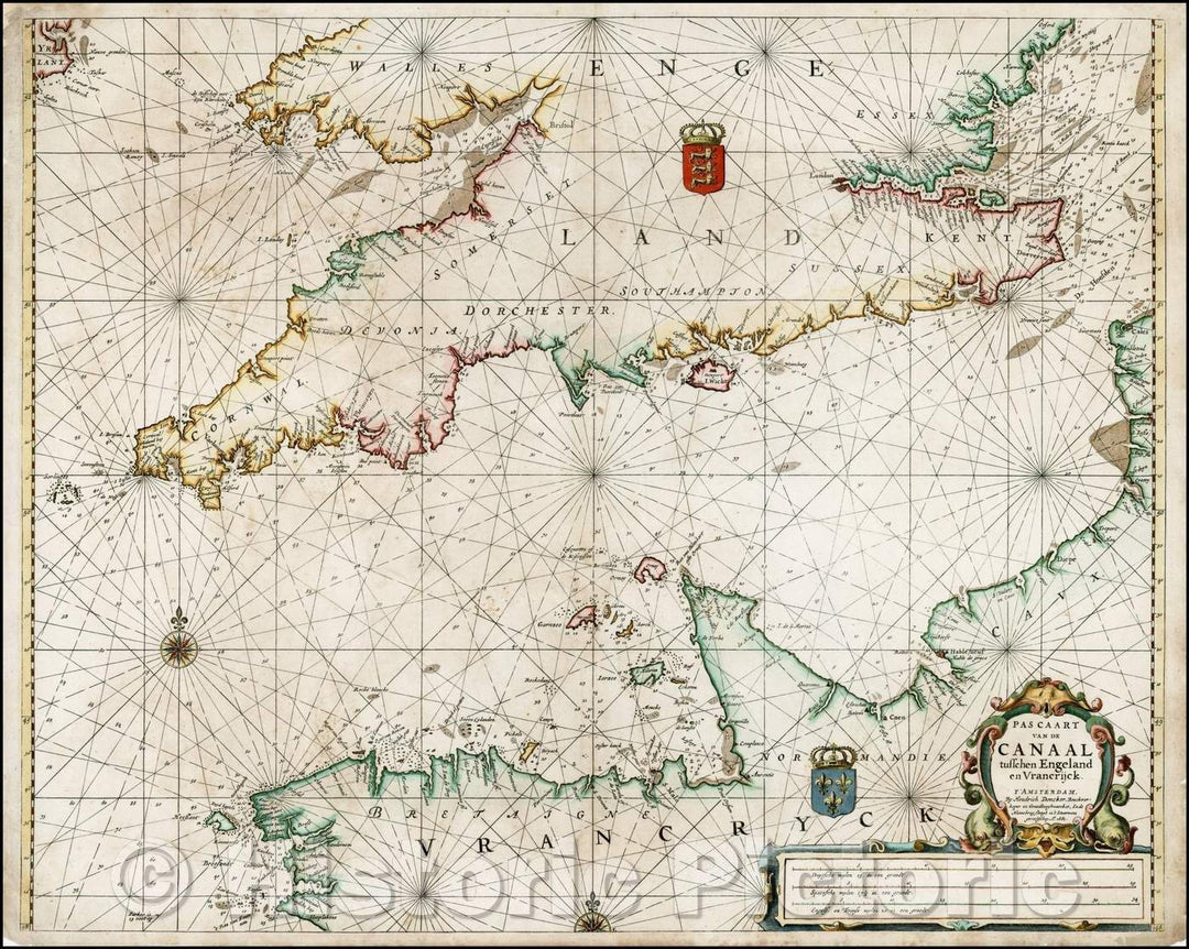 Historic Map - Pas Caart van de Canaal tusschen Engeland en Vrancrijck :: Doncker's Chart the English Channel and the contigous coastlines of southern England, 1661 - Vintage Wall Art