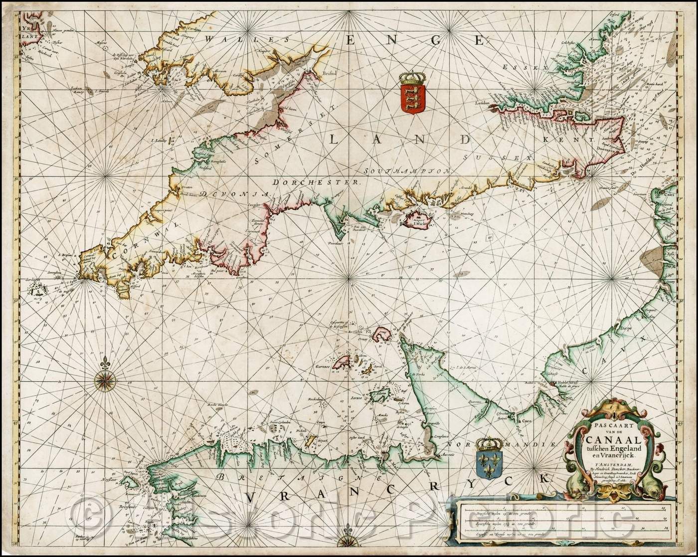 Historic Map - Pas Caart van de Canaal tusschen Engeland en Vrancrijck :: Doncker's Chart the English Channel and the contigous coastlines of southern England, 1661 - Vintage Wall Art