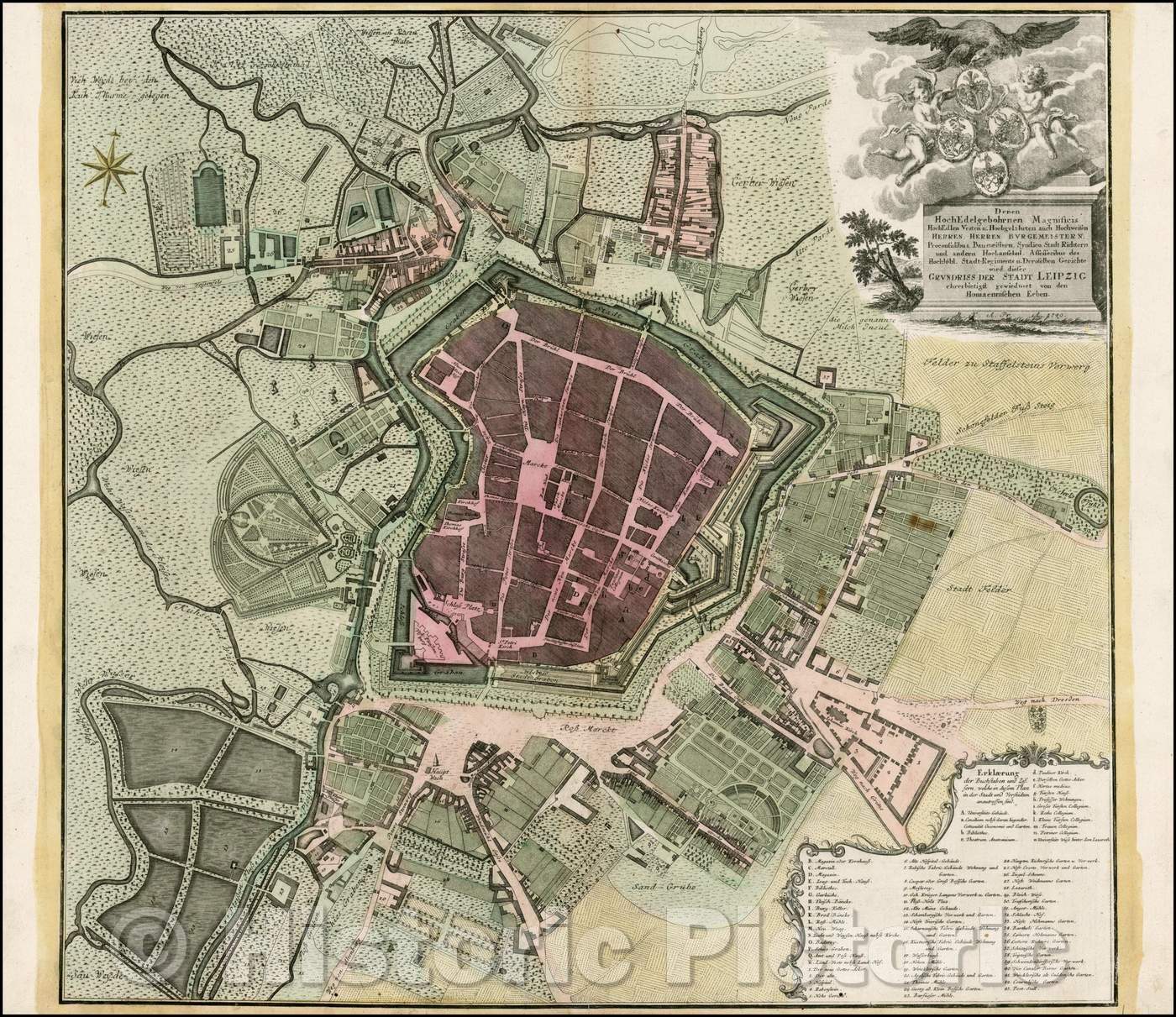 Historic Map - Denen Hoch Edelgebohren Magnificus/Plan of Leipzig, from one of Germany's leading publishers of the 18th Century, 1740, Homann Heirs - Vintage Wall Art