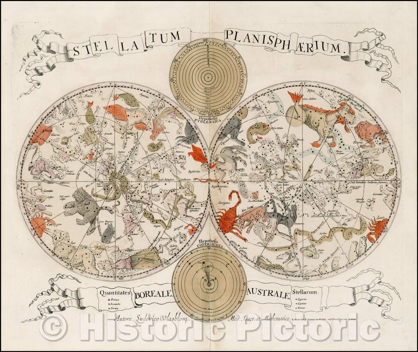 Historic Map - Stellatum Planisphaerium. / Double hemisphere star Chart, celestial hemispheres, Pavo, Phoenix, Indus, and others, and Coma Berenices, 1675 - Vintage Wall Art