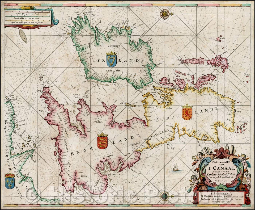 Historic Map - Pas-Caart van 'T Canaal, vertoonende in 't Gehell Engelant, Schotlant, Yrlant, en een gedelte van Vranckryk. niewlycx uytgegeven T' Amsterdam, 1665 - Vintage Wall Art