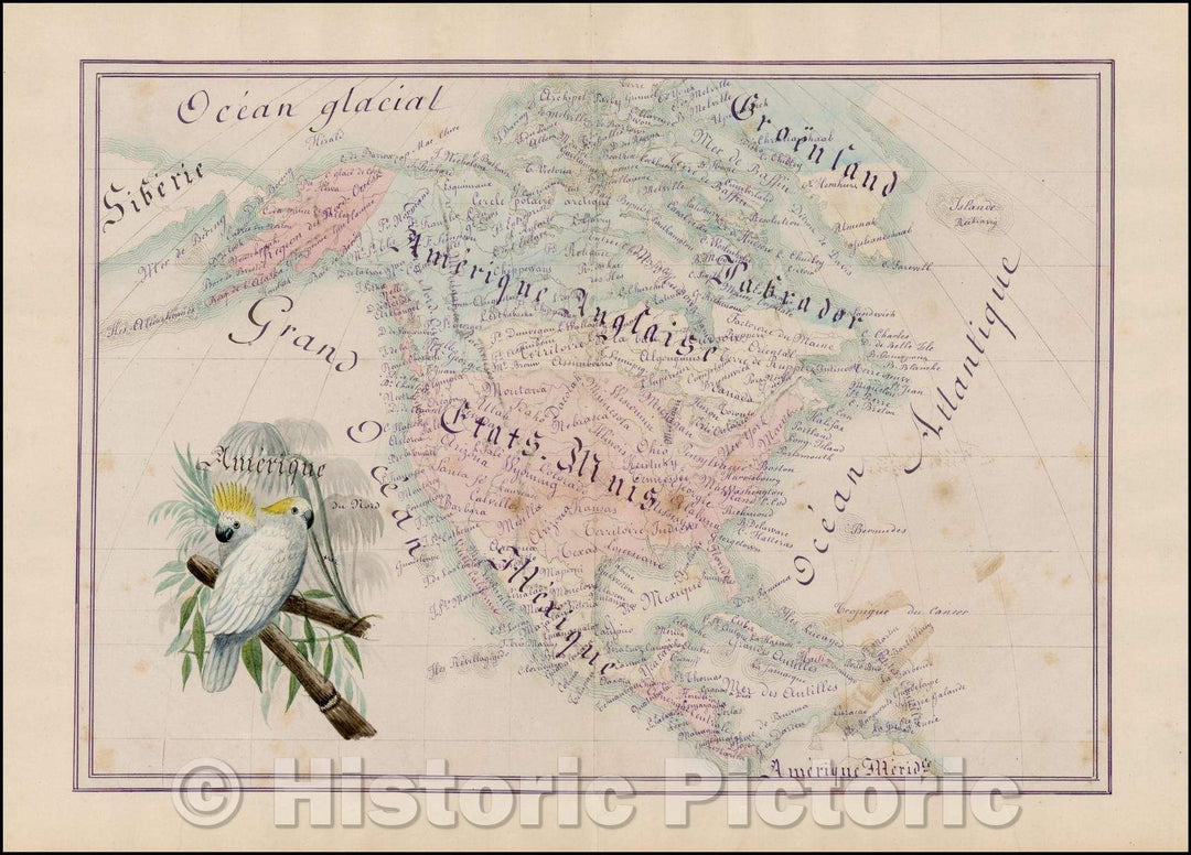 Historic Map - Amerique du Nord [Manuscript Map with Decorative Hand, 1879, Marie Demicule - Vintage Wall Art