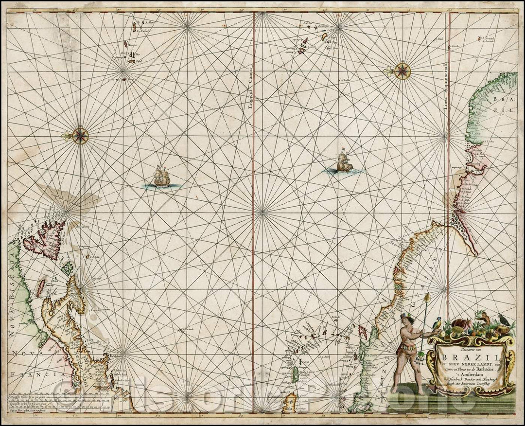 Historic Map - Pascaerte van Brazil en Niev Neder Landt, van Corvo en Flores tot de Barba :: North America from the Carolinas to New Foundland, 1660 - Vintage Wall Art