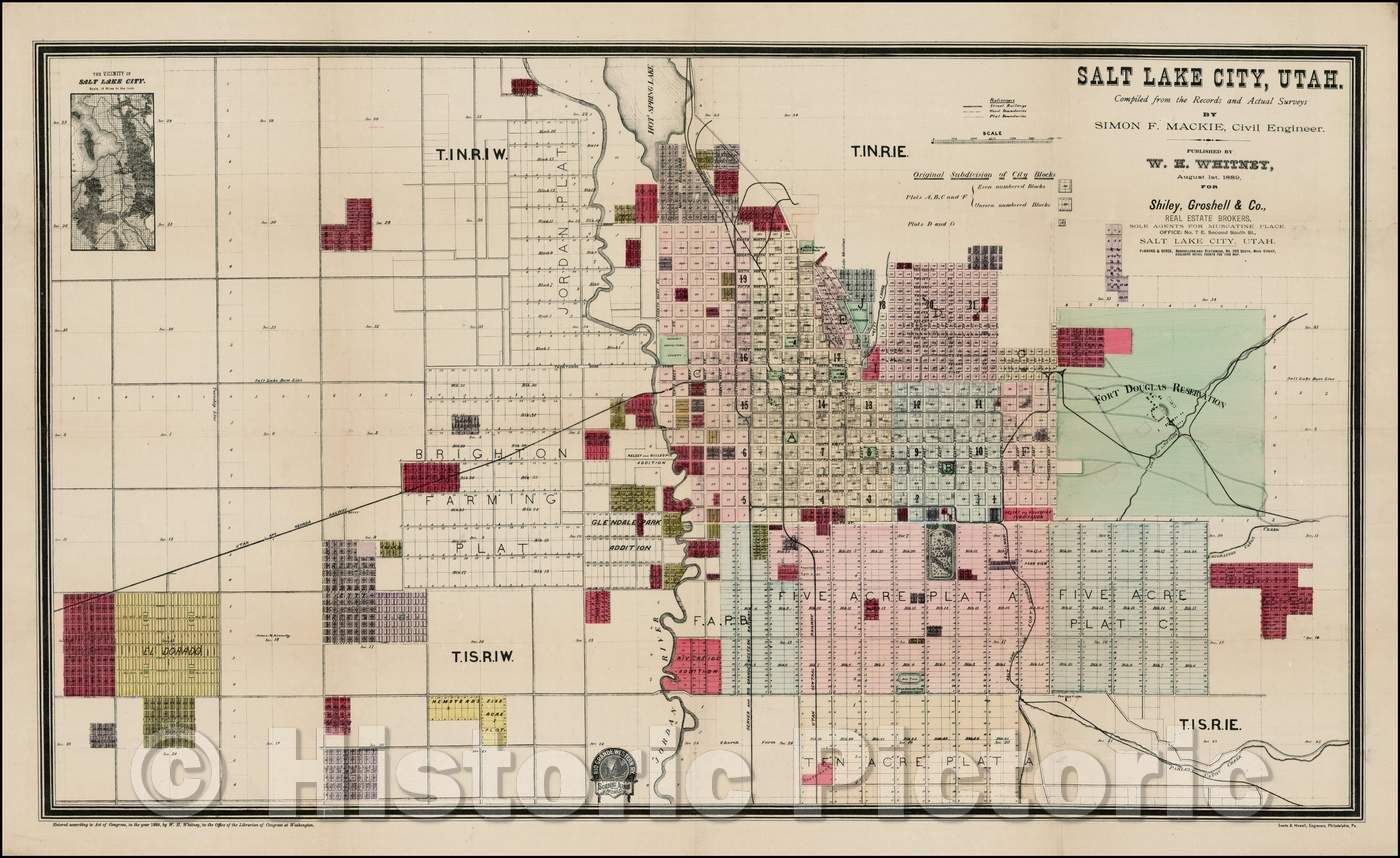 Historic Map - Salt Lake City, Utah, 1889, Everts & Howell - Vintage Wall Art