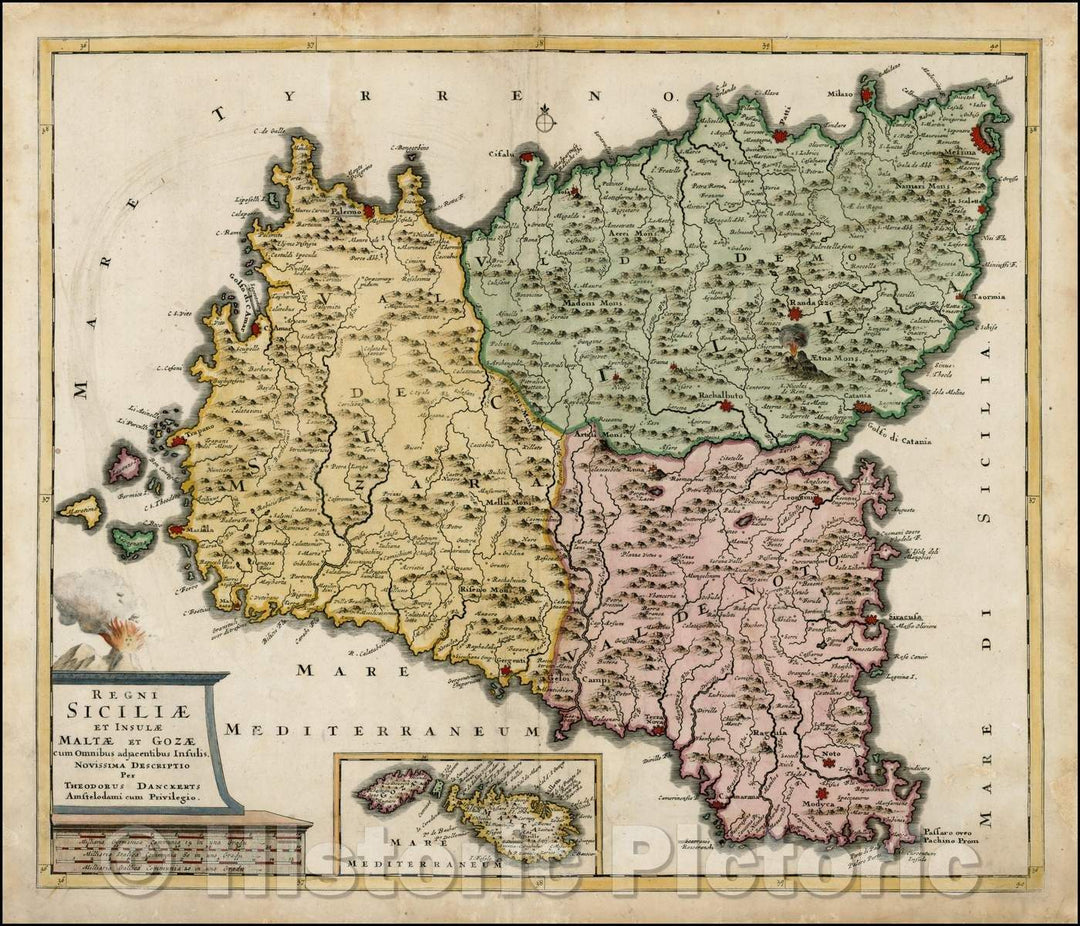 Historic Map - Regni Siciliae et Insulae Malta et Gozae cum Omnibus adjacentibus Insulis. / Theodorus Danckerts Map of Sicily and Malta, with a volcano, 1690 - Vintage Wall Art