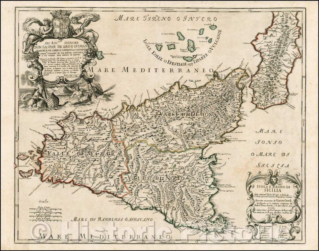 Historic Map - Isola E Regno Di Sicilia detta anticaumte. Isola del Sole et Isola de Cielopi :: Sicily and neighboring islands by Cantelli da Vignola, 1682 - Vintage Wall Art