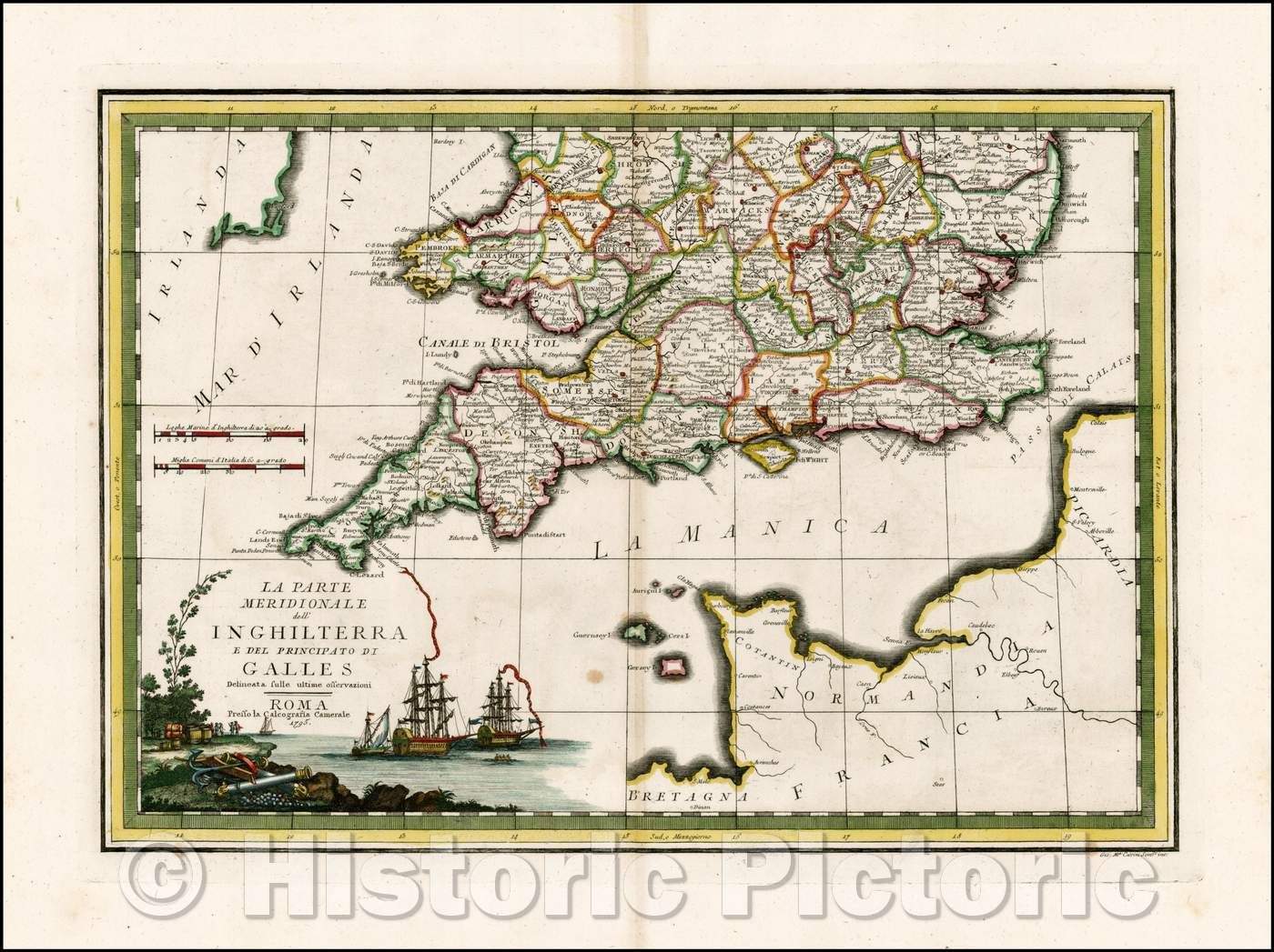 Historic Map - La Parte Meridionale dell' Inghiterra E Del Principato Di Galles .1795 :: The Southern Part of 'Inghiterra And Principality Of Wales.1795, 1797 - Vintage Wall Art