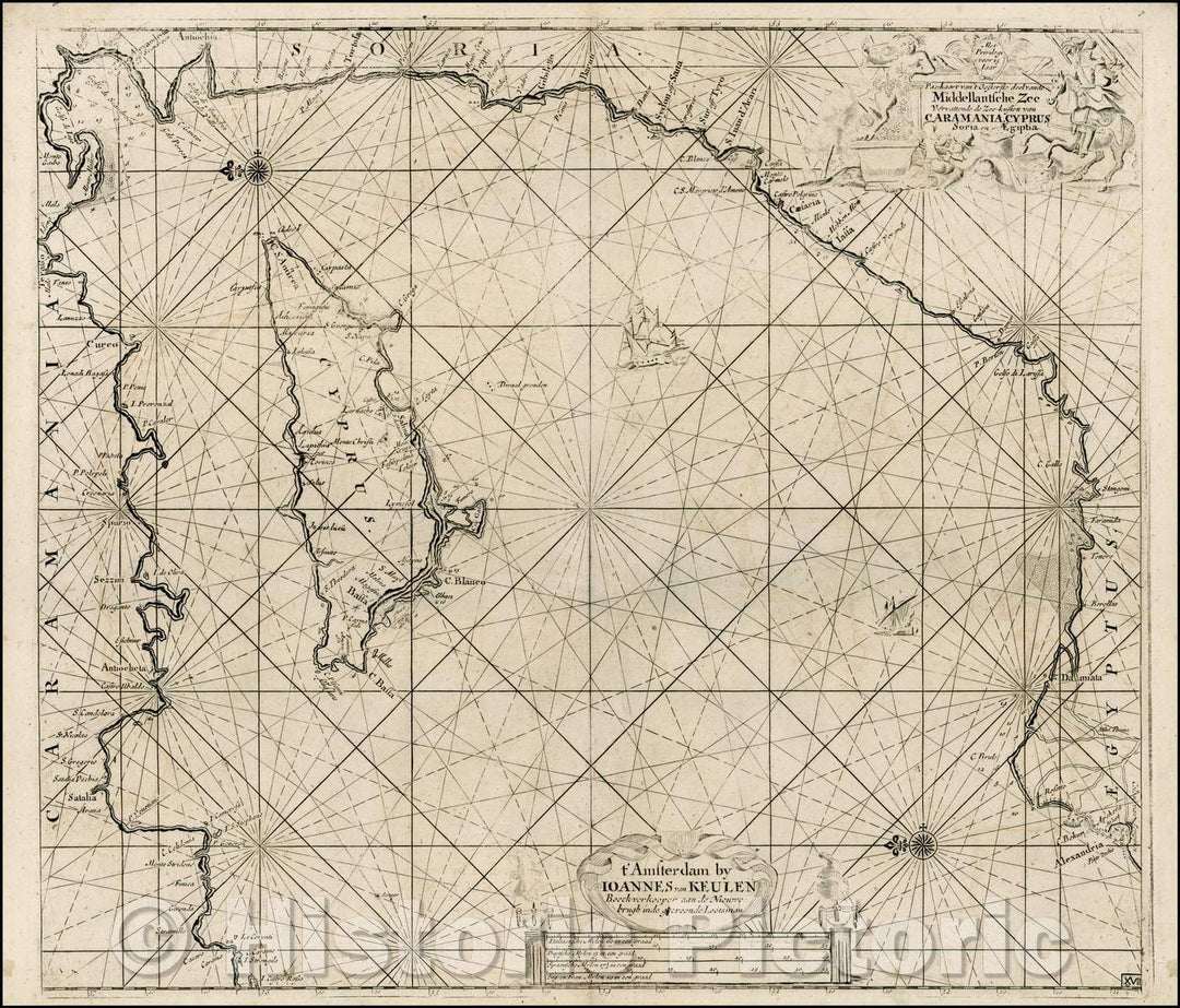 Historic Map - Pas-Kaart van t' Oosterste Deel vande Middellantsche Zee Verva :: Dutch Sea-Chart, Cyprus, Egypt, Palestine, Syria and Asia Minor, 1730 - Vintage Wall Art