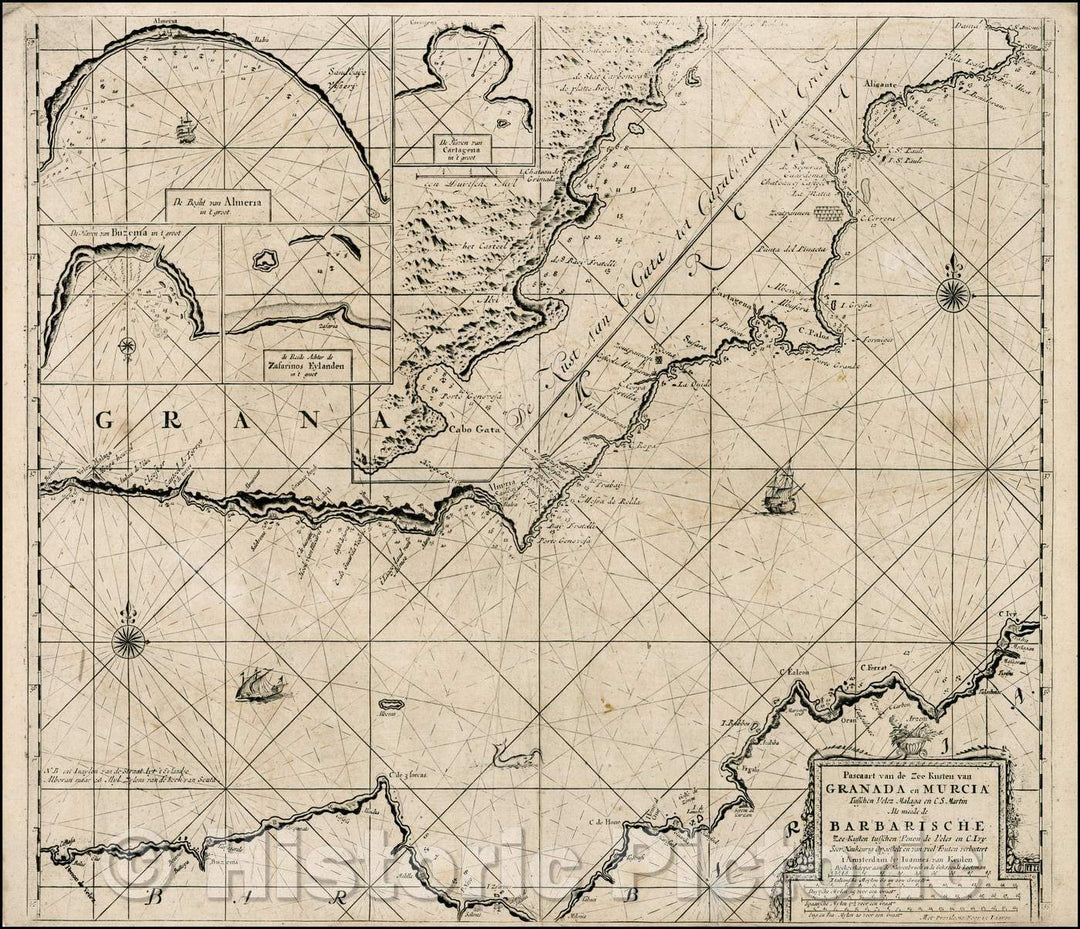 Historic Map - Pascaart van de Zee Kusten van Granada en Murcia Tusschen Velez :: Dutch Sea-Chart, the coast of Granada and Murcia and coastlines of Africa, 1750 - Vintage Wall Art