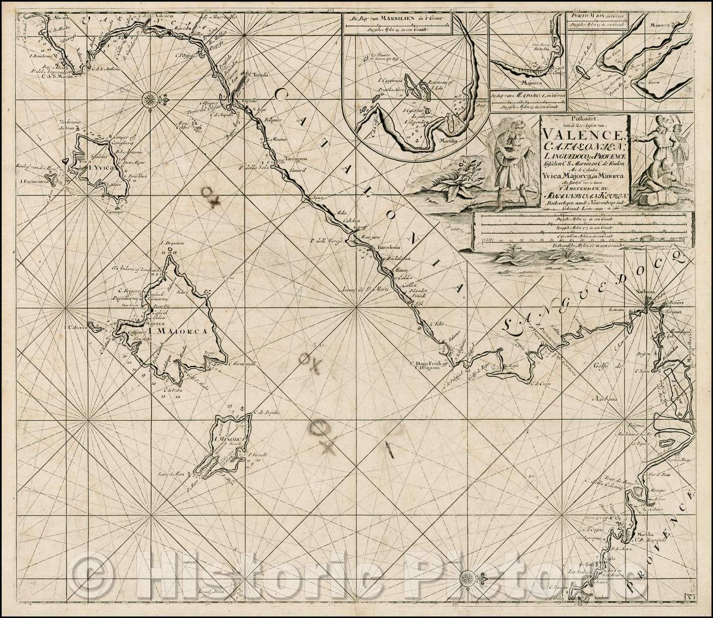 Historic Map - Paskaart, van de Zee-Kusten van Valence, Catalonien, Languedocq/Dutch Sea-Chart, coast of Valencia, Catalonia, Languedoc, and Provence, 1750 - Vintage Wall Art