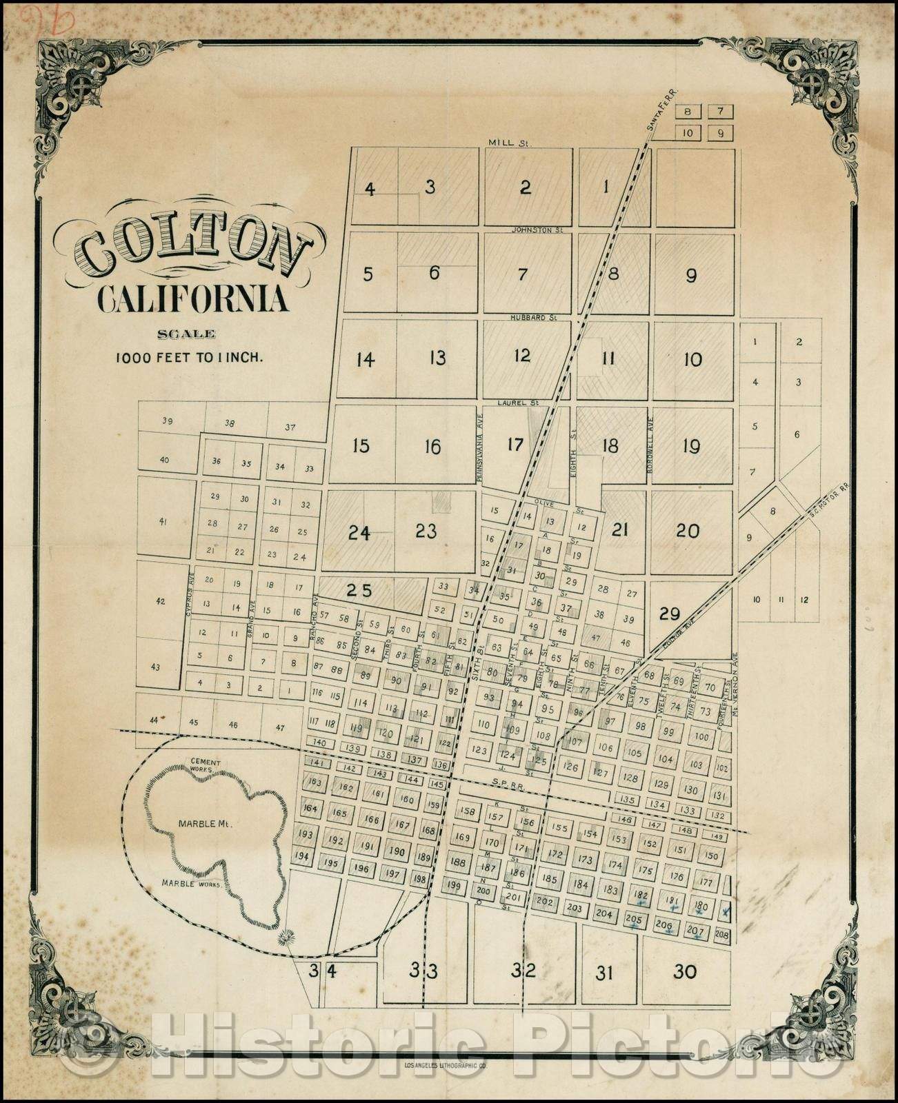 Historic Map - Colton, California [Including Manuscript Annotations - Earp Family Residence!], 1887, Los Angeles Lithographic Co. - Vintage Wall Art