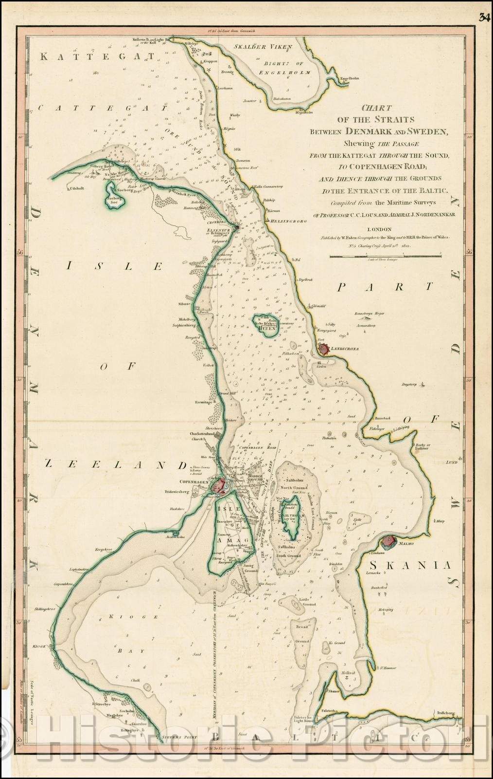 Historic Map - Chart of the Straits Between Denmark and Sweden, Shewing The Passage From the Kattegat Through the Sound,To Copenhagen Road, 1801, William Faden - Vintage Wall Art