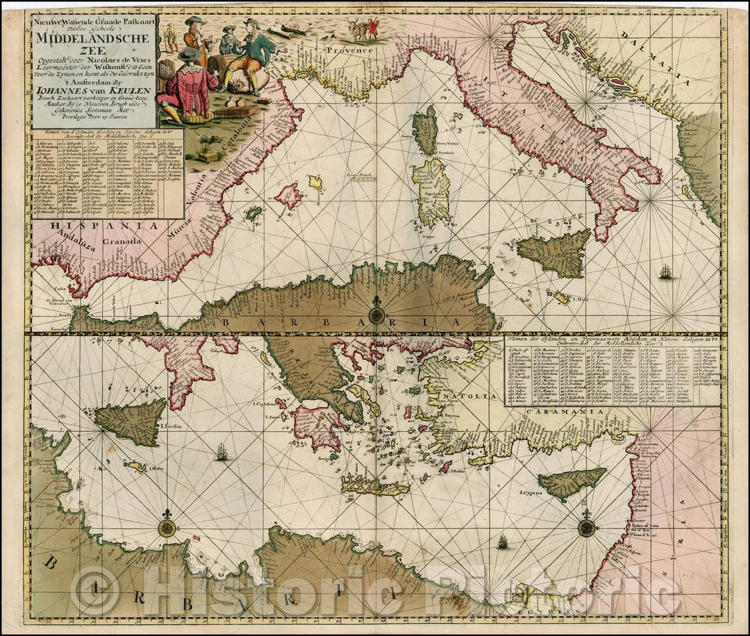 Historic Map - Nieuwe Wassende Graade Paskaart van de Geheele Middelandsche Zee Opgestelt/Van Keulen's Map of the Mediterranean, 1700, Gerard Van Keulen - Vintage Wall Art