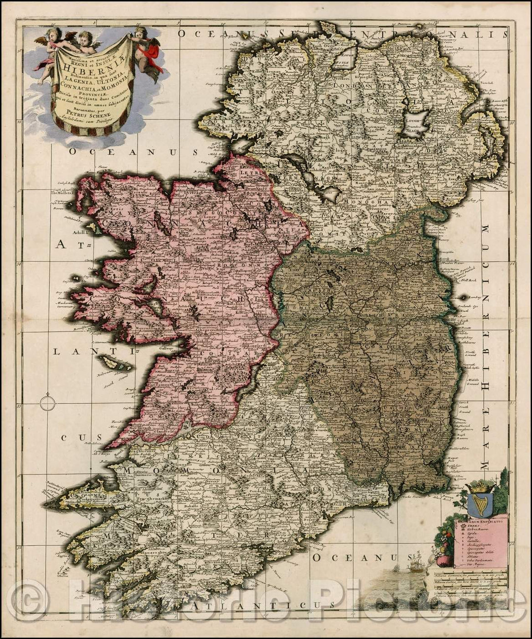 Historic Map - Novissima et accuratissim Regni et Insulae Hiberniae Delineatio :: Kingdom and Ireland Caribbean/Ireland, 1705 - Vintage Wall Art