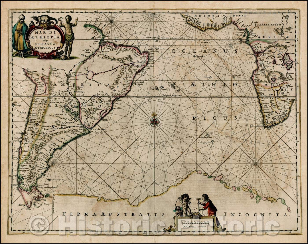 Historic Map - Mar Di Aethiopia Vulgo Oceanus Aethiopicus/Jansson's Sea Chart of the South Atlantic, coastlines of South America, Southwestern Africa, 1650 - Vintage Wall Art