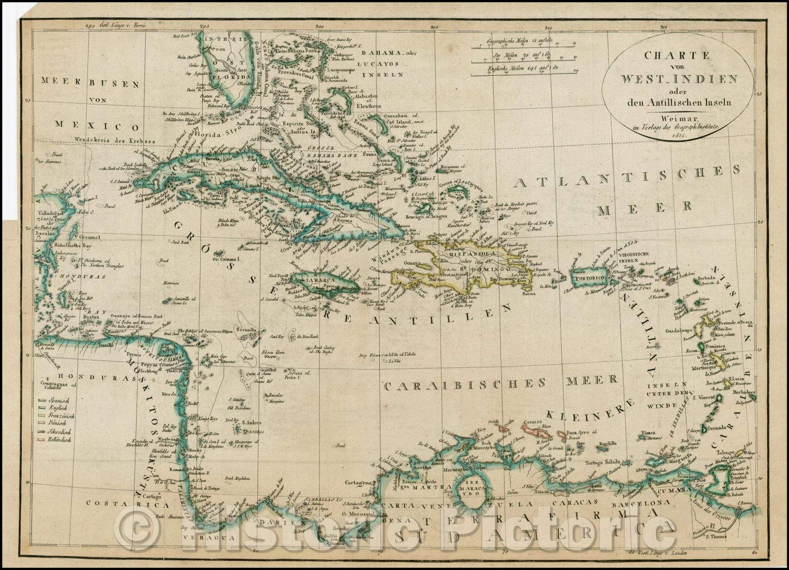 Historic Map - Charte von West-Indien oder den Atillischen Inseln/Map of Florida, the Caribbean and contigous coasts of Central and South America, 1814 - Vintage Wall Art