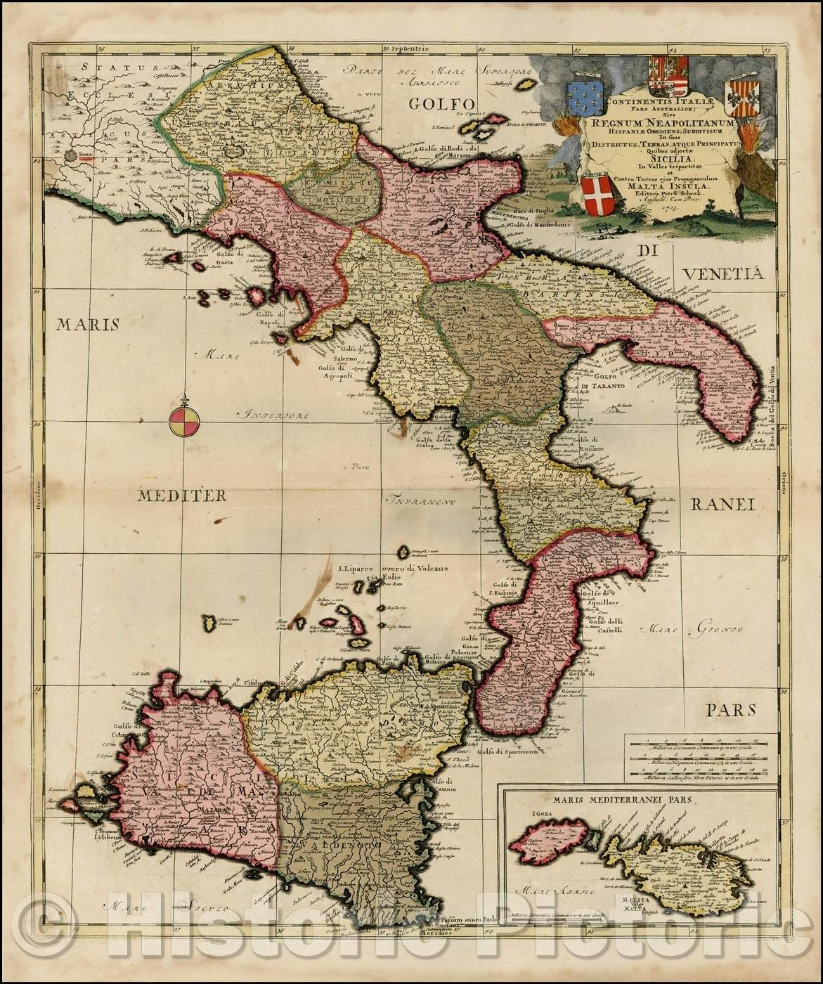 Historic Map - Continentis Italiae Pars Australior Sive Regnum Neapolitanum Hispaniae Obe, 1703 - Vintage Wall Art