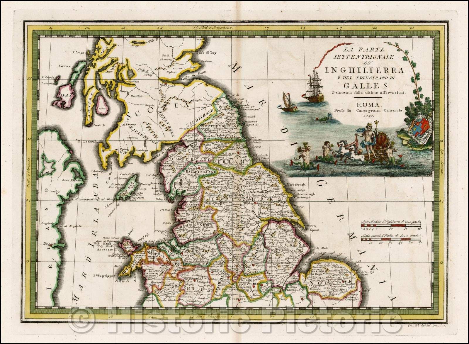 Historic Map - La Parte Settenrionale dell' Inghiterra E Del Principato Di Galles .17 :: Inghiterra And Principality Of Wales, 1795 - Vintage Wall Art