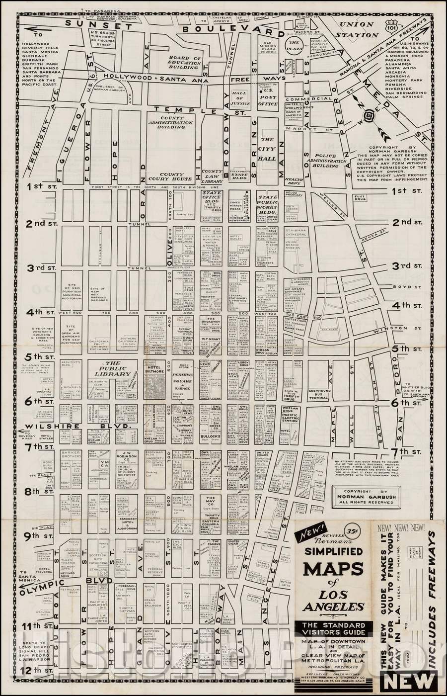 Historic Map - Revised Norman's Simplified Maps of Los Angeles, 1956, Western Publishing & Novelty Co. - Vintage Wall Art