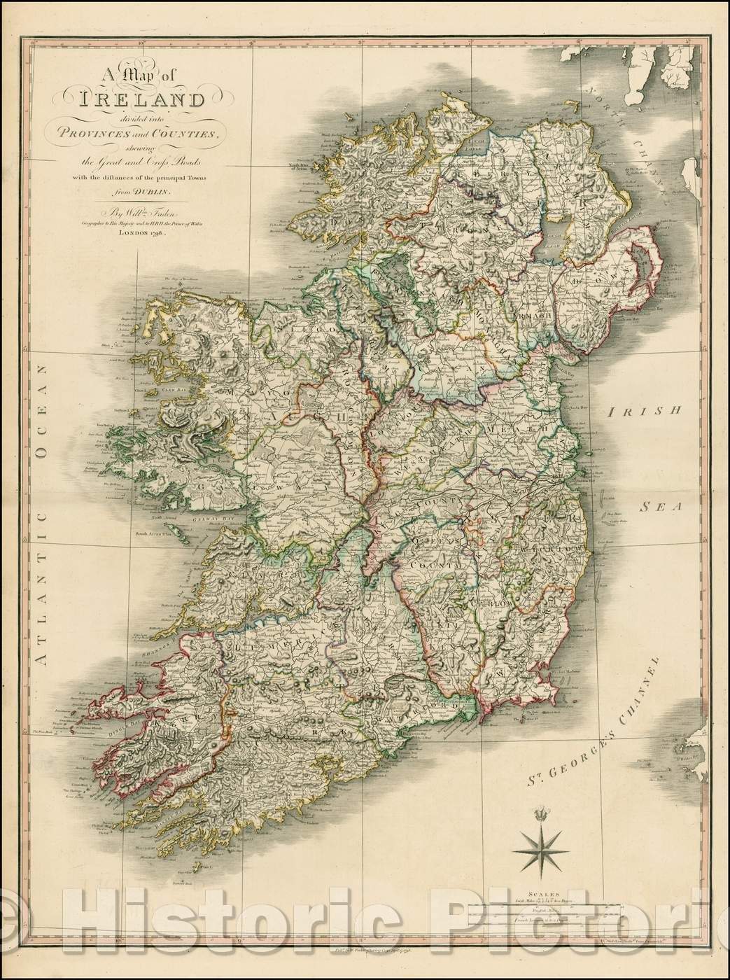 Historic Map - A of Ireland Divided into Provinces and Counties, Showing the Great and Cross Roads with the Distances of the Principal Towns from Dublin, 1798 v1