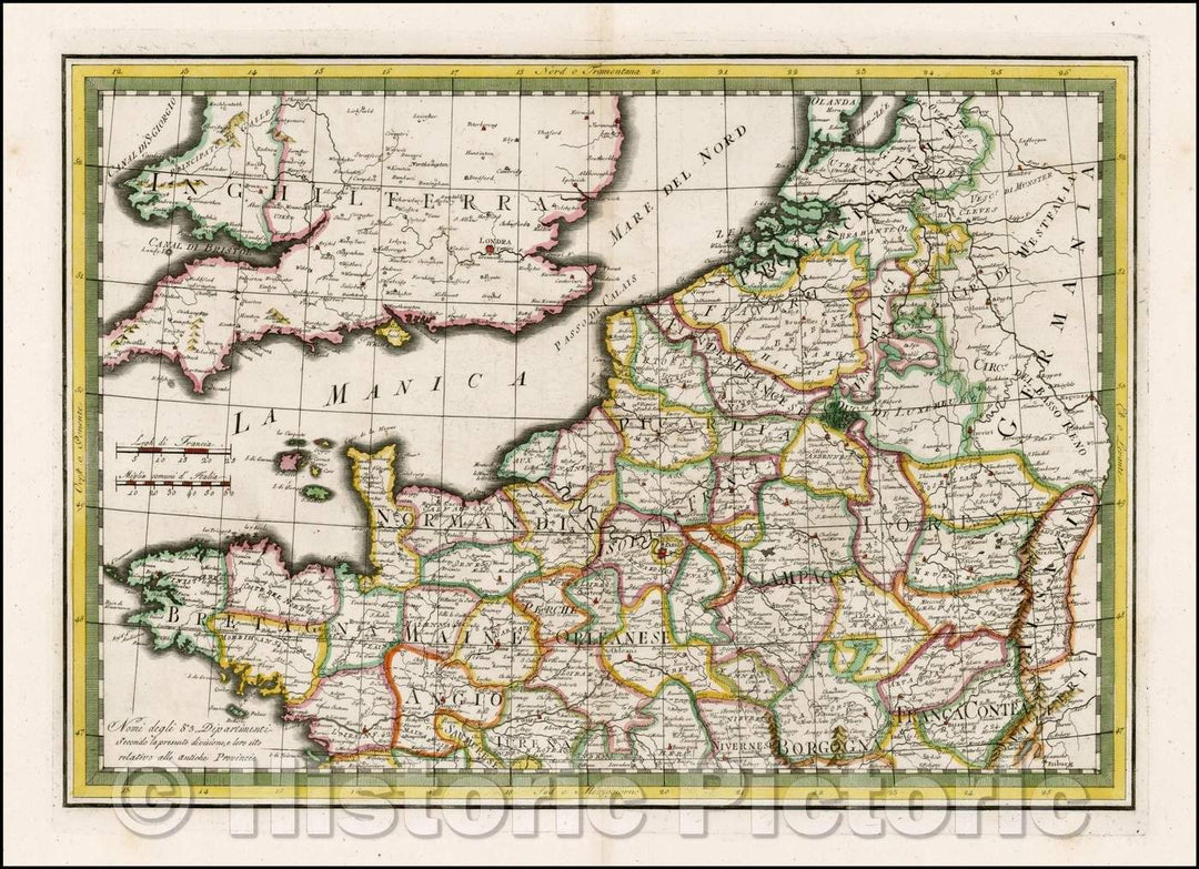 Historic Map - Bretagne, English Channel, Southeast England, 1795, Giovanni Maria Cassini - Vintage Wall Art