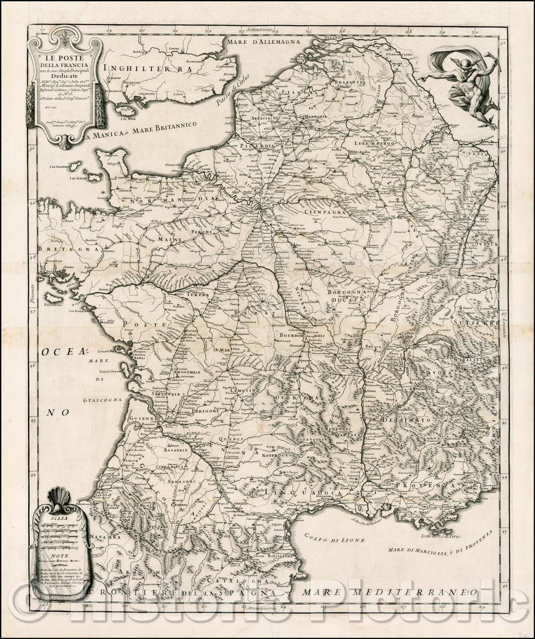 Historic Map - Le Poste della Francia con le sue Strade Principali/Italian Map of the postal roads in Italy, based in part on Sanson's postal Map, 1697 - Vintage Wall Art