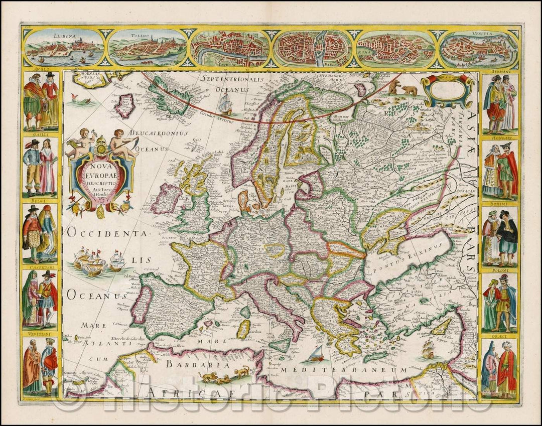 Historic Map - Nova Europae Descriptio [Carte-a-figures] / Map of Europe, massive Greenland, Iceland and the mythical island of Frislandt, 1650, Jodocus Hondius - Vintage Wall Art