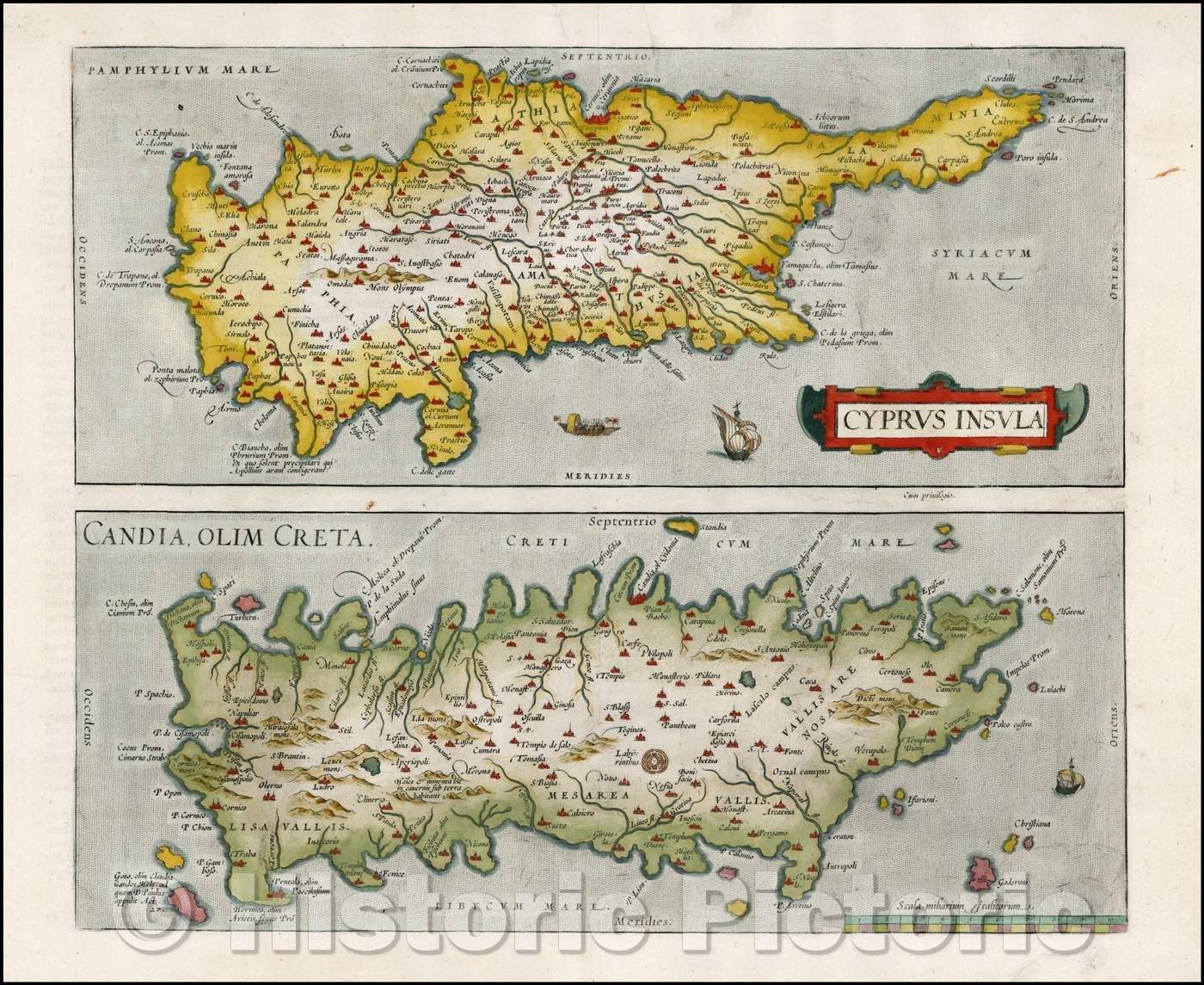 Historic Map - Cyprus Insula with Candia, Olim Creta, 1575, Abraham Ortelius - Vintage Wall Art