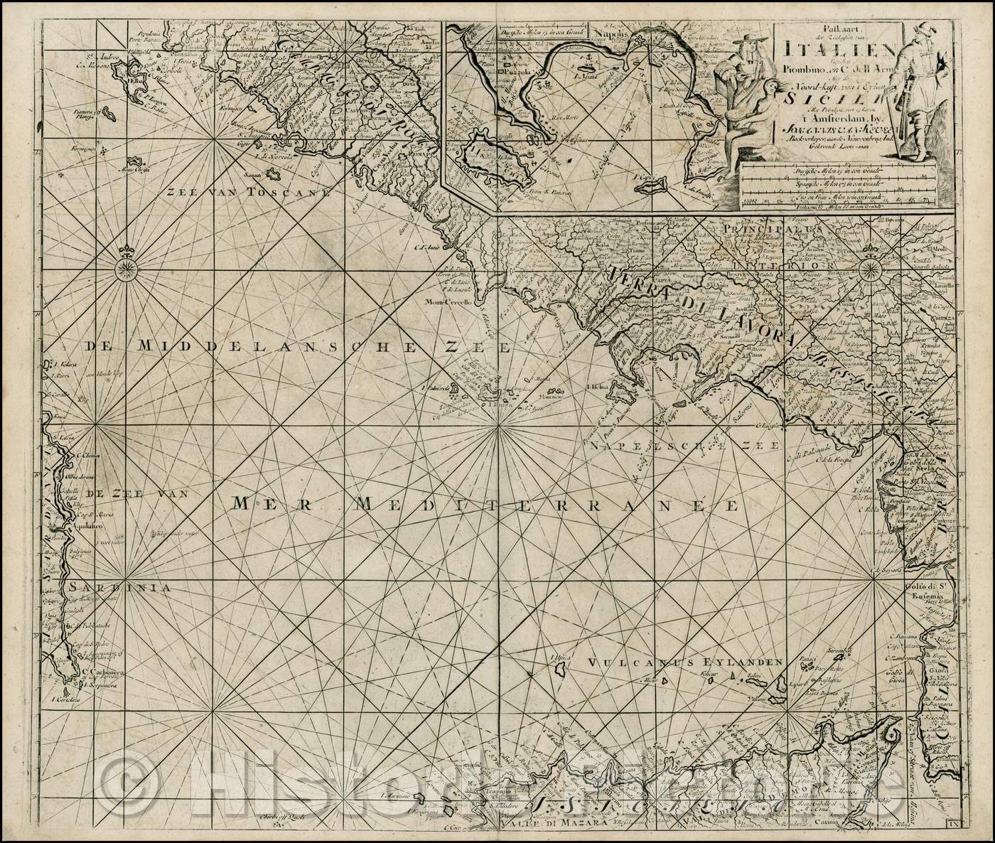 Historic Map - Paskaart der Zeekusten van Italien tusschen Piombino en C. del :: Italian Coastline, from Elba to Calabria, northern coast of Sicily, 1730 - Vintage Wall Art