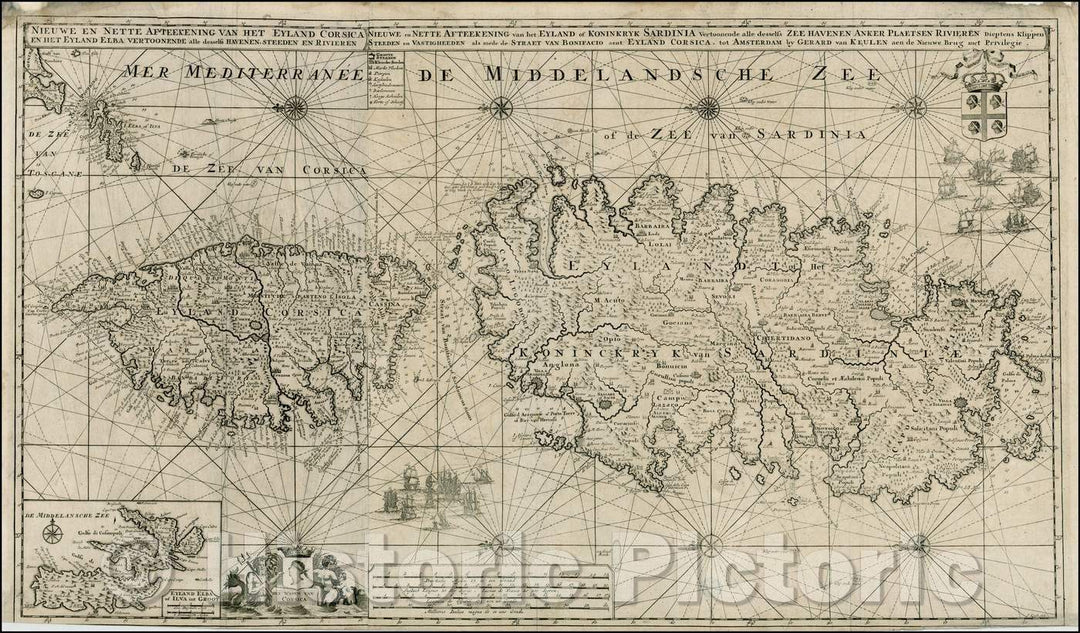 Historic Map - Nieuwe en Nette Afteekening van het Eyland Corsica en het Eyland Elba vert, 1730 - Vintage Wall Art