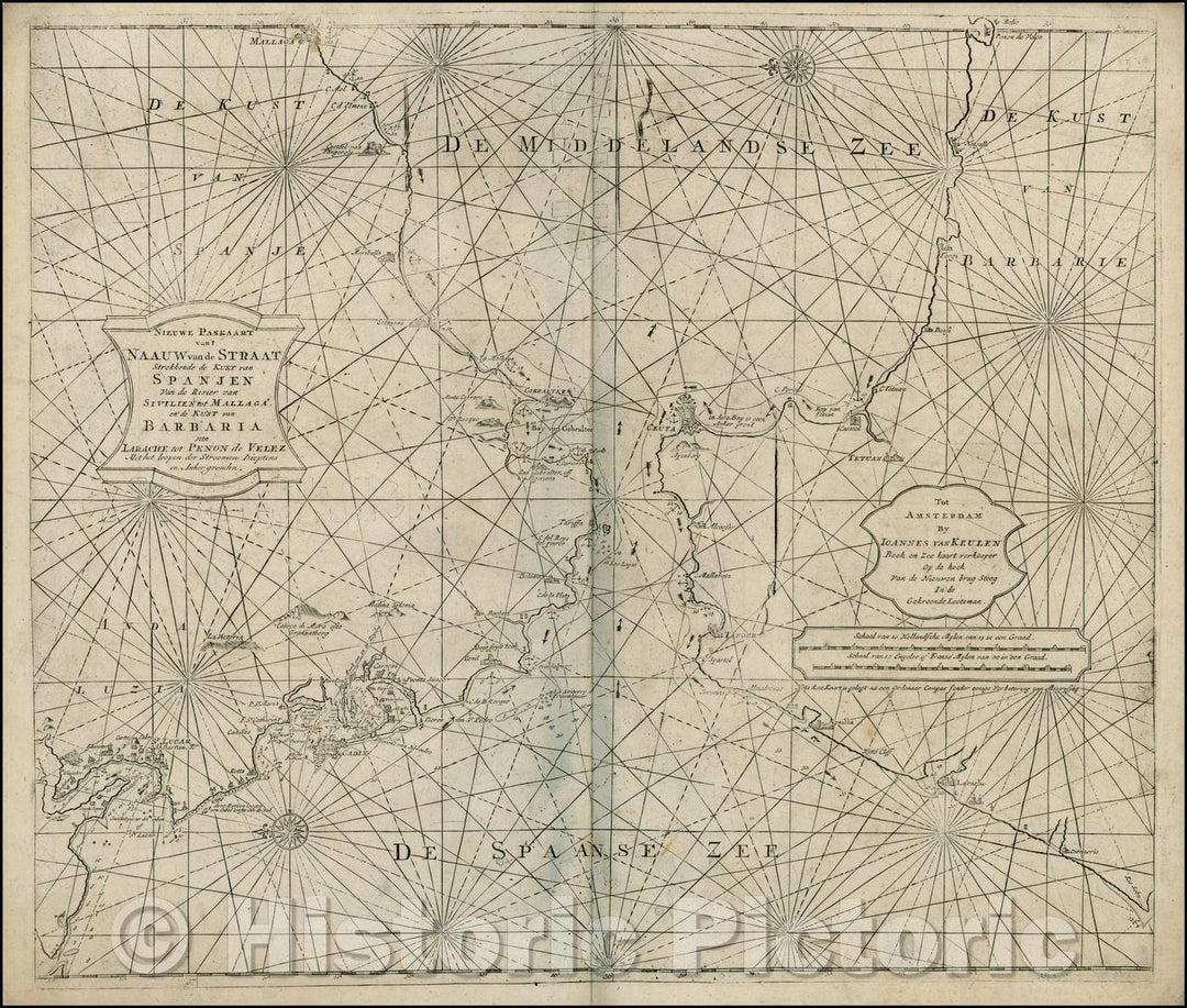 Historic Map - Nieuwe Paskaart van't Naauw van de Straat Strekkende :: Straits of Gibraltar, St. Lucar,Cadiz, Spain,Malaga, Sebu River,Larache, 1730 - Vintage Wall Art